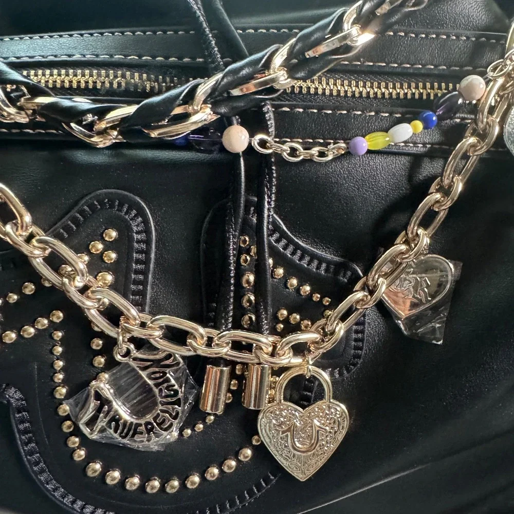 True Religion Black Faux Leather Multi Chain Strap Charm Gold Tonr Hobo Large